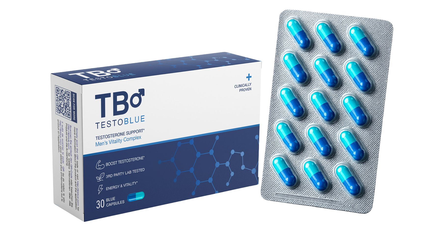 TestoBlue testosterone support capsules box with a blister pack of 30 blue capsules
